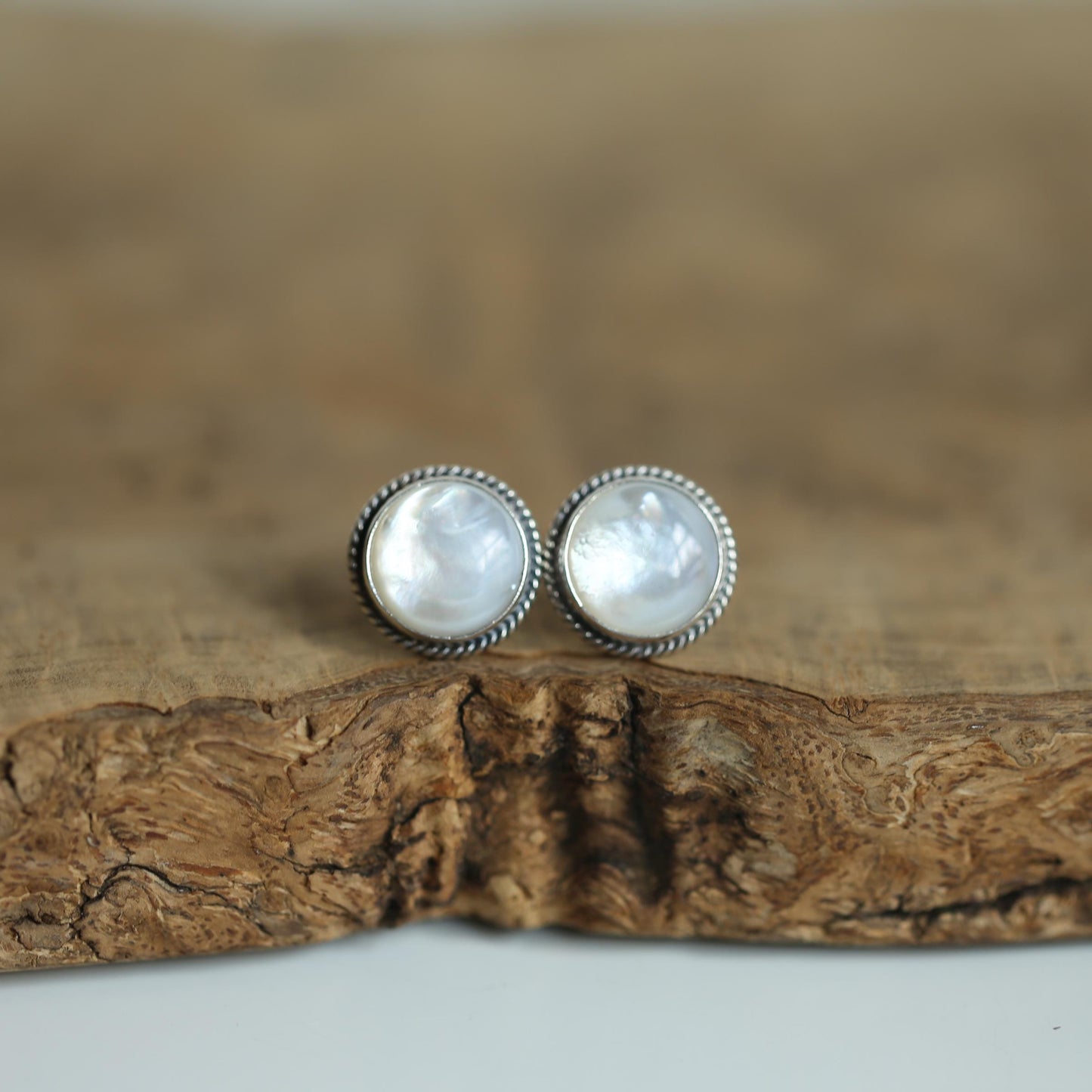 Mother Of Pearl Traditional Posts 12mm stone - White Nacre Earrings - Sterling Silver