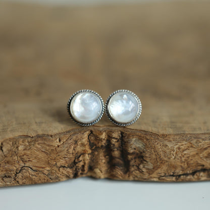 Mother Of Pearl Traditional Posts 12mm stone - White Nacre Earrings - Sterling Silver