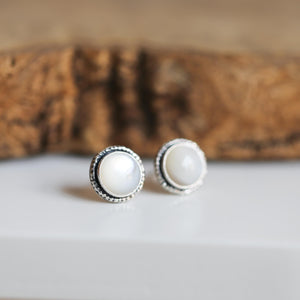 Mother of Pearl Hammered Posts - Mother Of Pearl Earrings - White Nacre Post Earrings - Silversmith