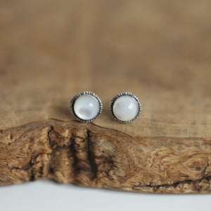 Mother of Pearl Hammered Posts - Mother Of Pearl Earrings - White Nacre Post Earrings - Silversmith