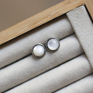 Mother of Pearl Hammered Posts - Mother Of Pearl Earrings - White Nacre Post Earrings - Silversmith