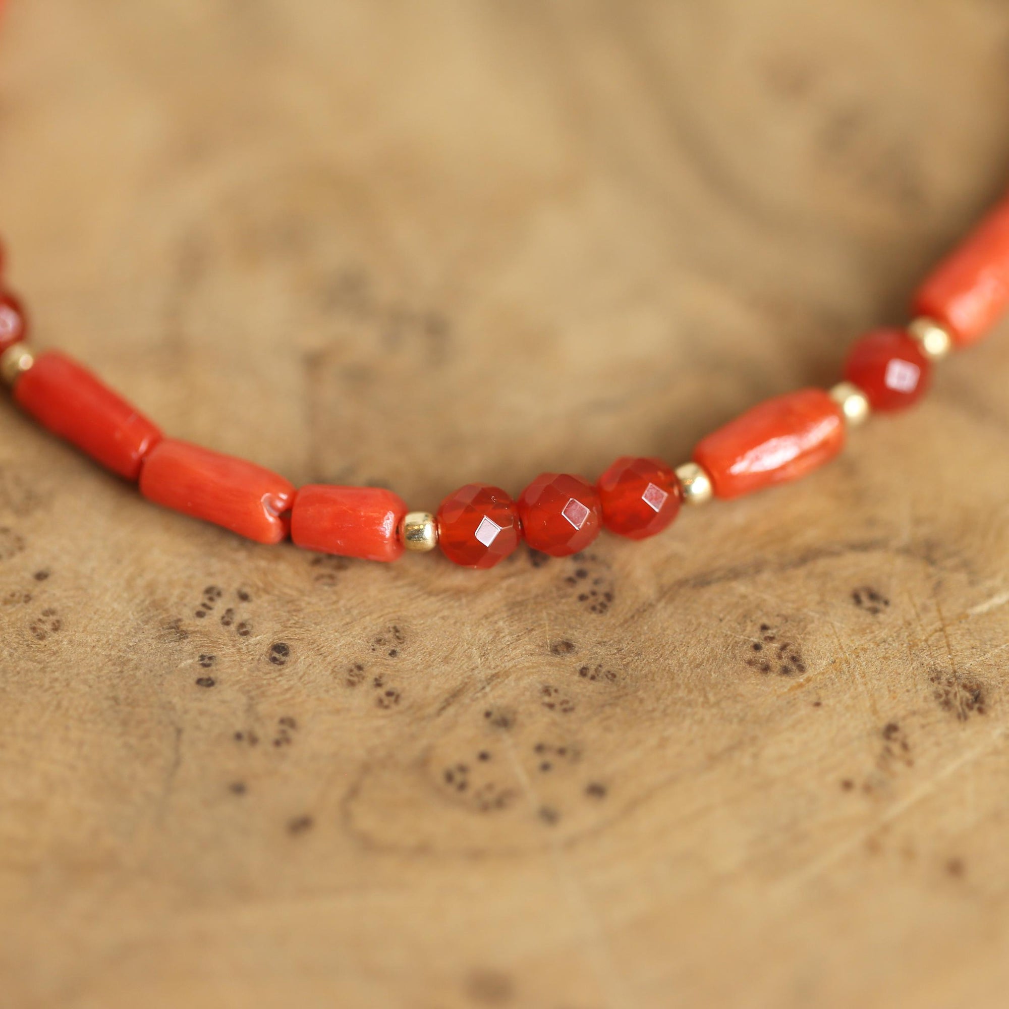 Mediterranean Red Coral Bracelet - Carnelian Beaded Bracelet - 14KGF