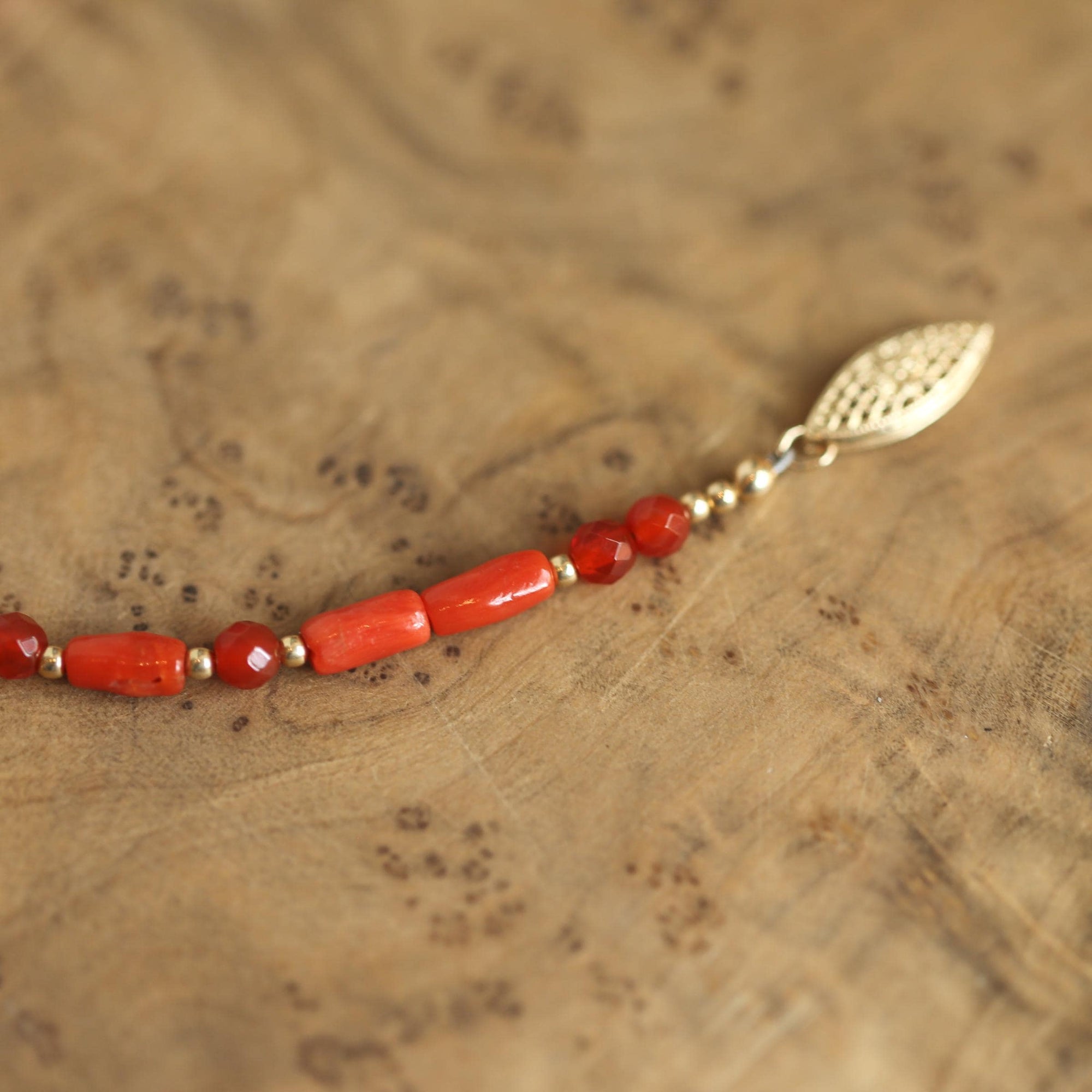 Mediterranean Red Coral Bracelet - Carnelian Beaded Bracelet - 14KGF
