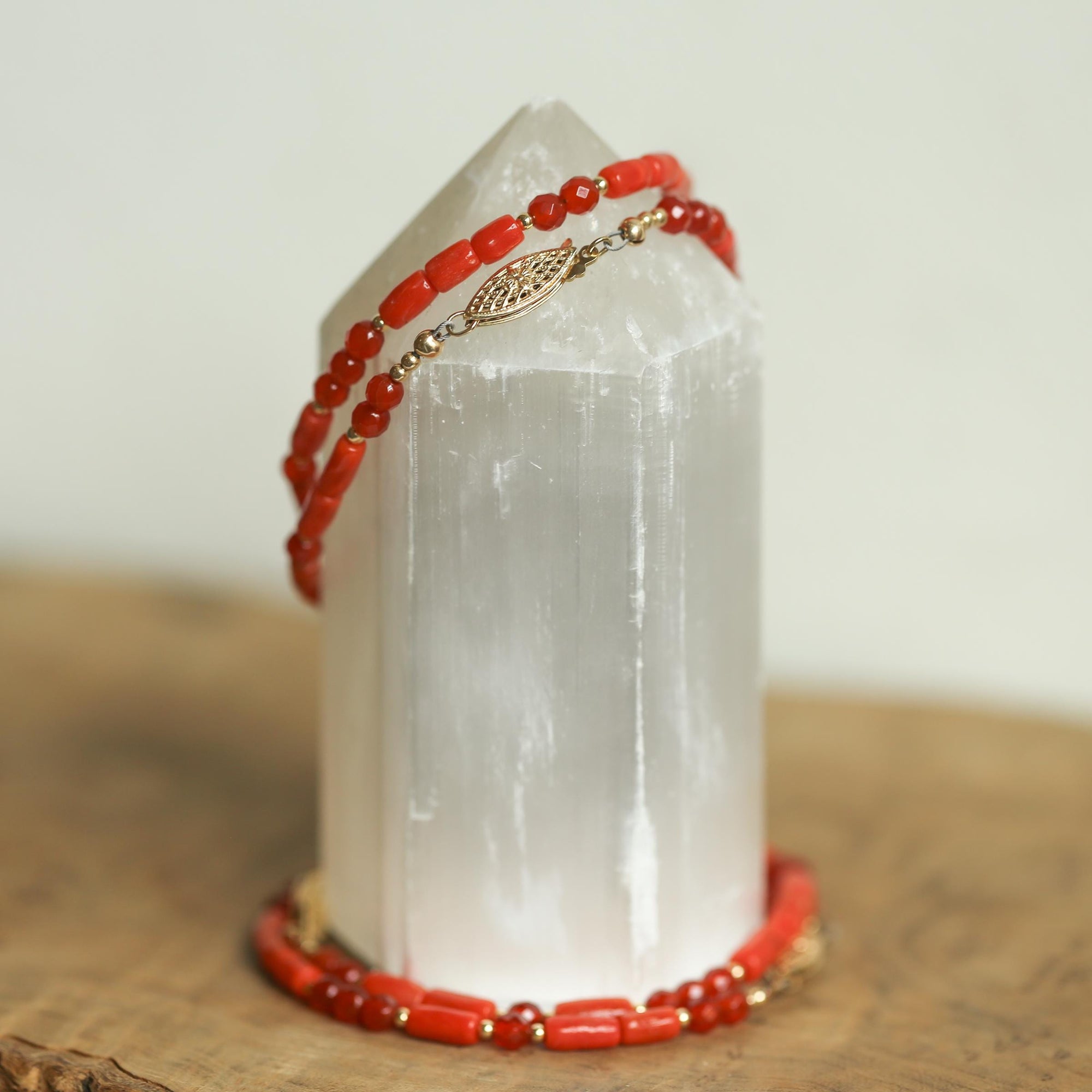 Mediterranean Red Coral Bracelet - Carnelian Beaded Bracelet - 14KGF