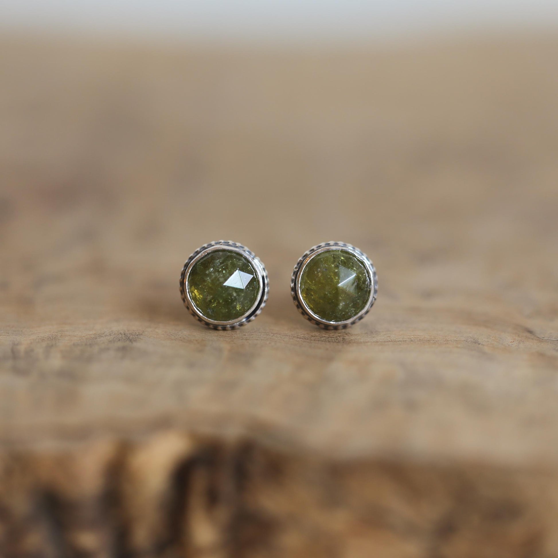 Green Garnet Earrings - Garnet Posts - .925 Sterling Silver - Silversmith