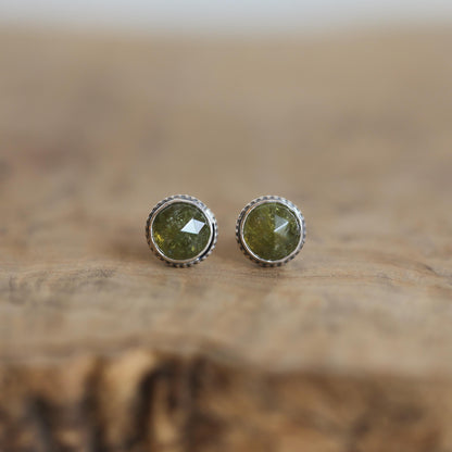 Green Garnet Earrings - Garnet Posts - .925 Sterling Silver - Silversmith