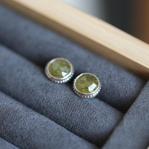 Green Garnet Earrings - Garnet Posts - .925 Sterling Silver - Silversmith