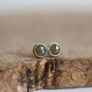 Green Garnet Earrings - Garnet Posts - .925 Sterling Silver - Silversmith
