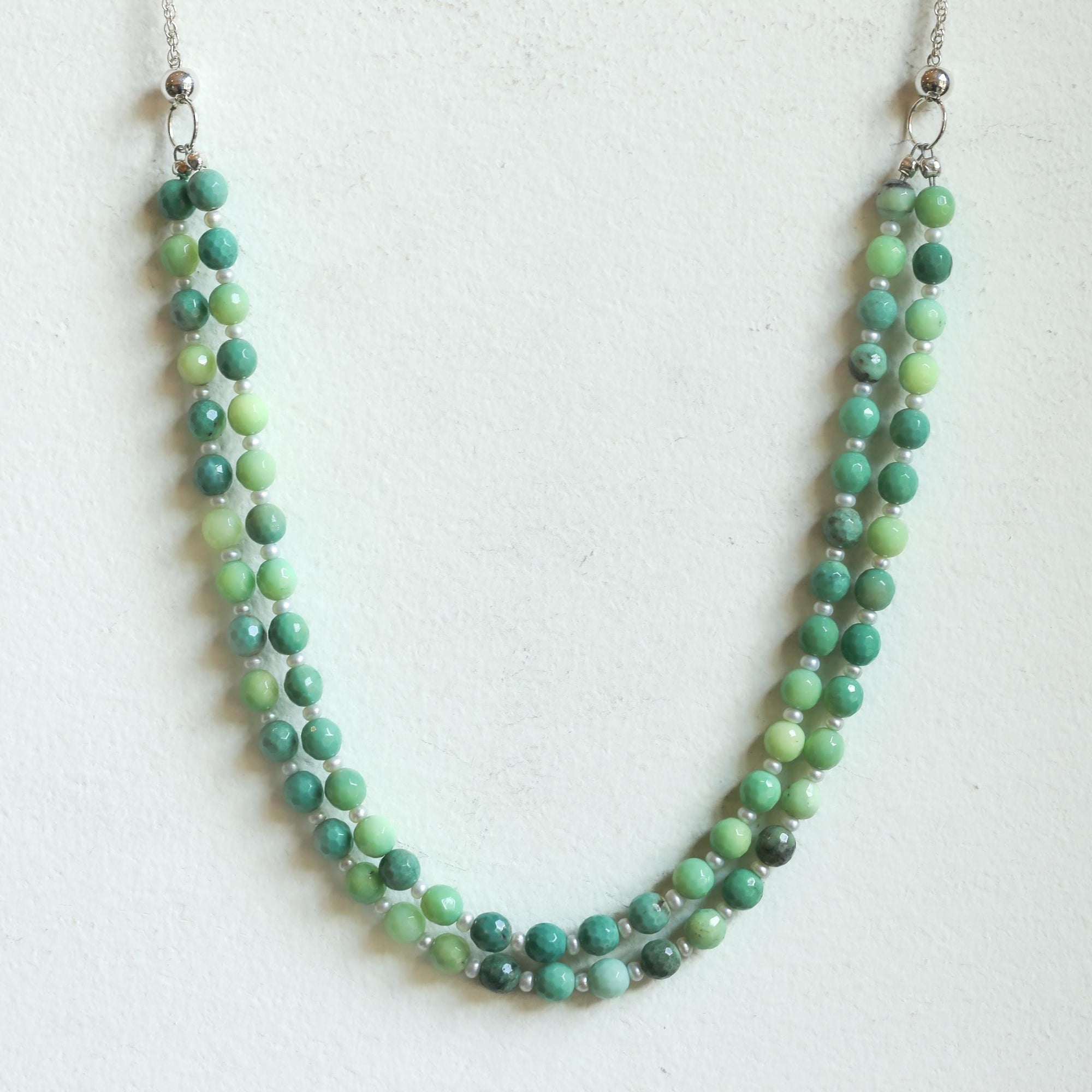 Chrysoprase Double Strand Necklace - .925 Sterling Silver - Green Chrysoprase Jewelry