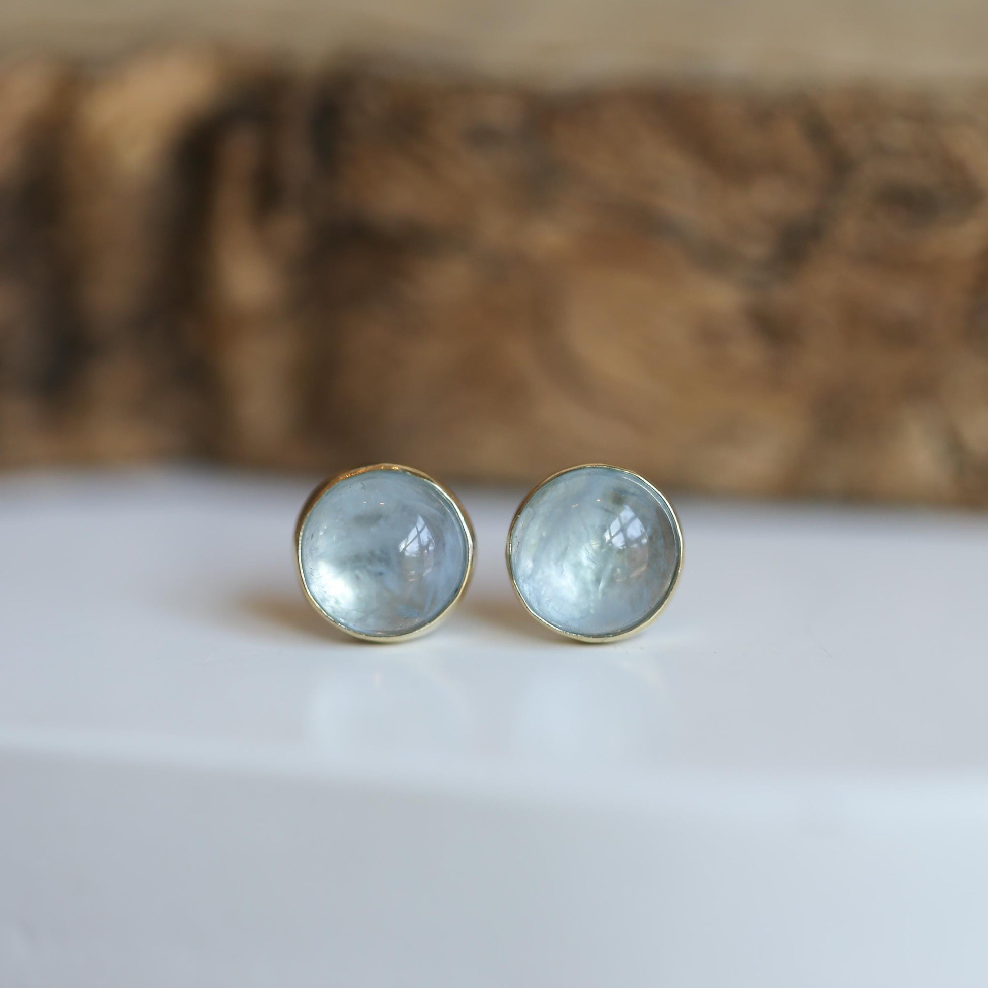 Aquamarine Stud Earrings – 14K Gold Bezel, Sterling Silver Posts