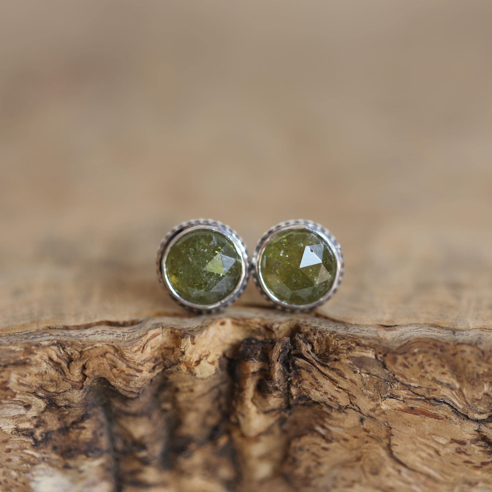 Green Garnet Earrings - Garnet Posts - .925 Sterling Silver - Silversmith
