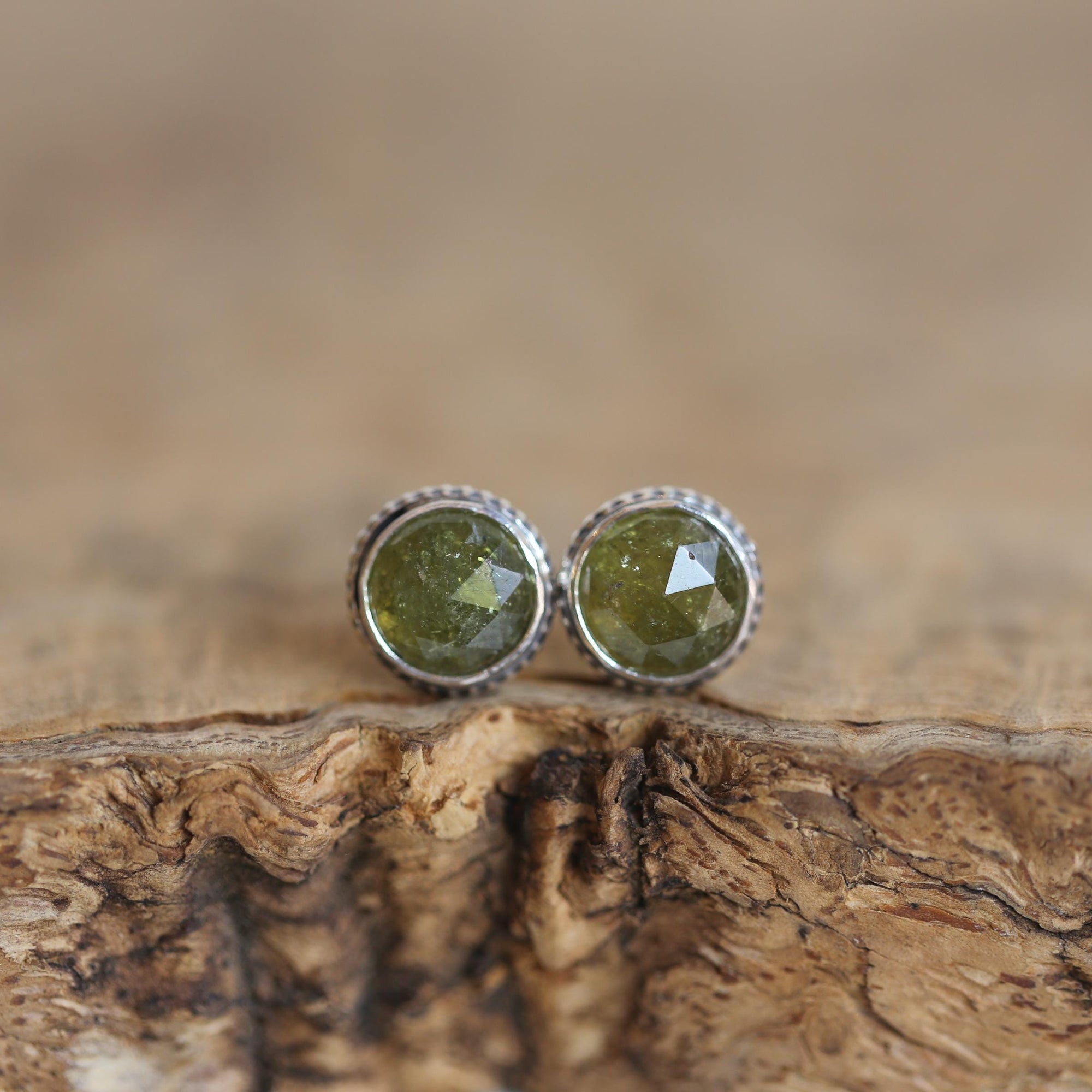 Green Garnet Earrings - Garnet Posts - .925 Sterling Silver - Silversmith