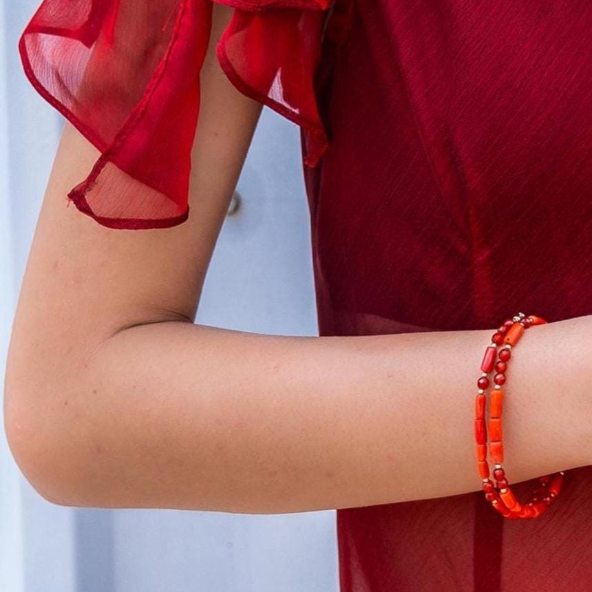 Mediterranean Red Coral Bracelet - Carnelian Beaded Bracelet - 14KGF