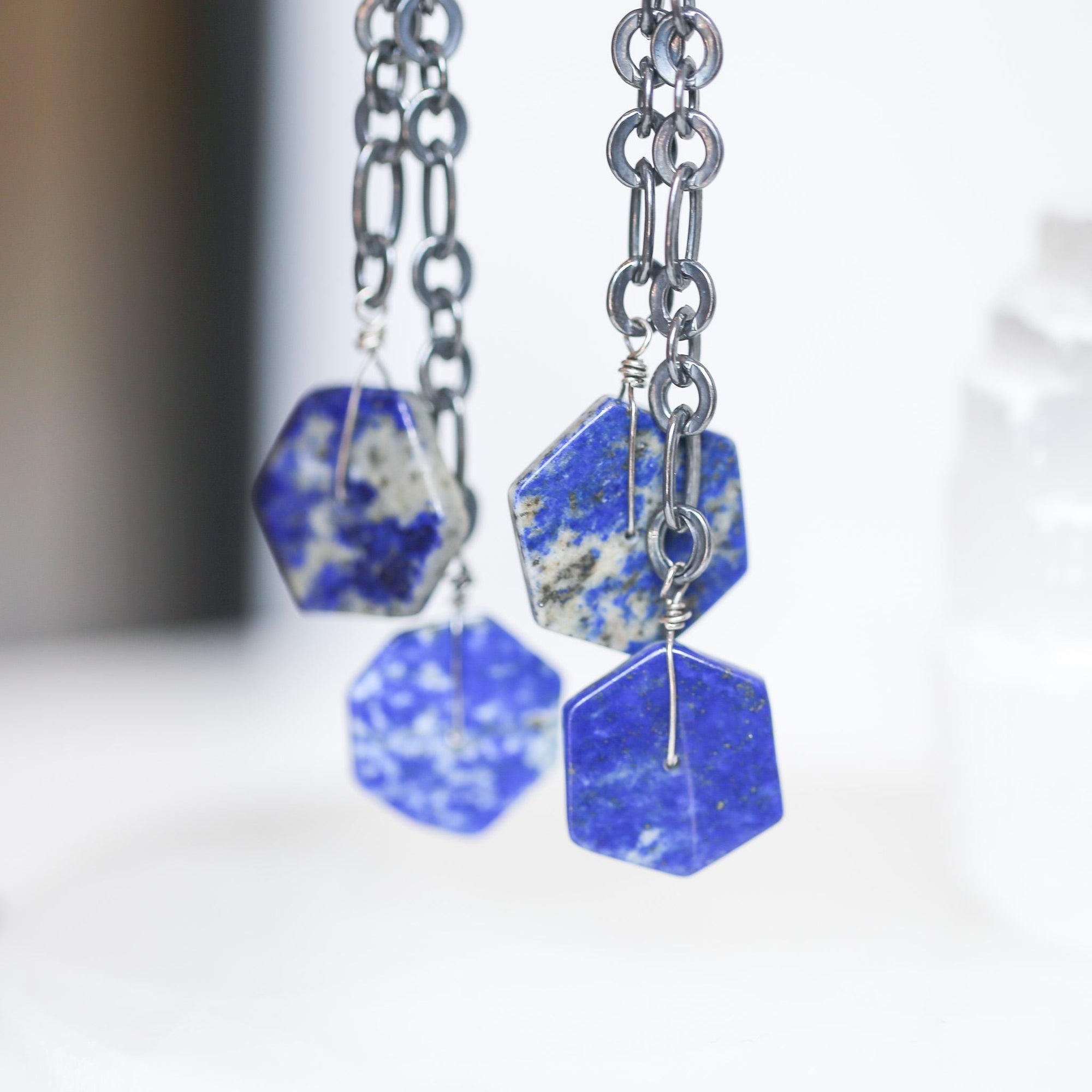 Blue Lapis Lazuli Hex Bead Drop Earrings - Oxidized .925 Sterling Silver