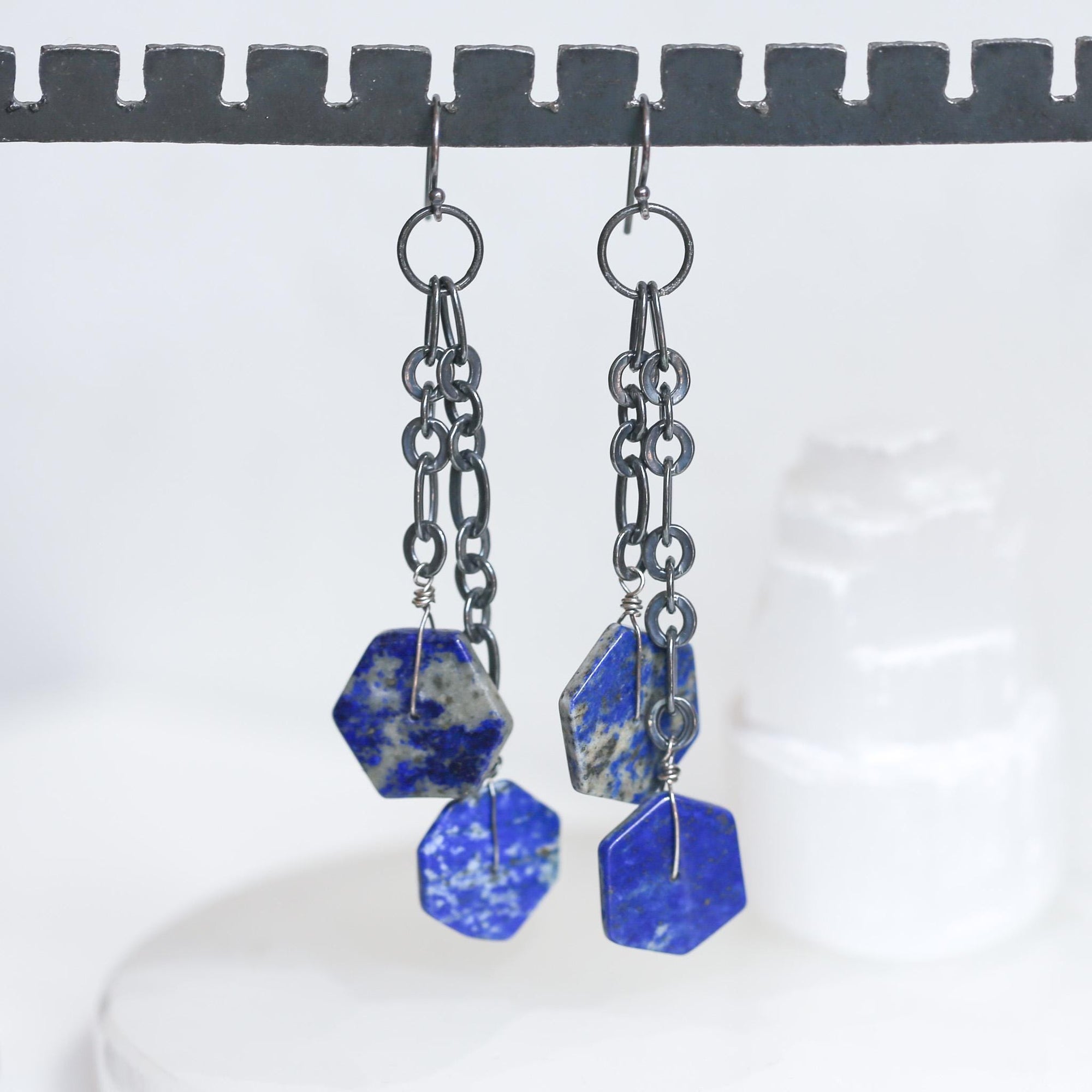 Blue Lapis Lazuli Hex Bead Drop Earrings - Oxidized .925 Sterling Silver