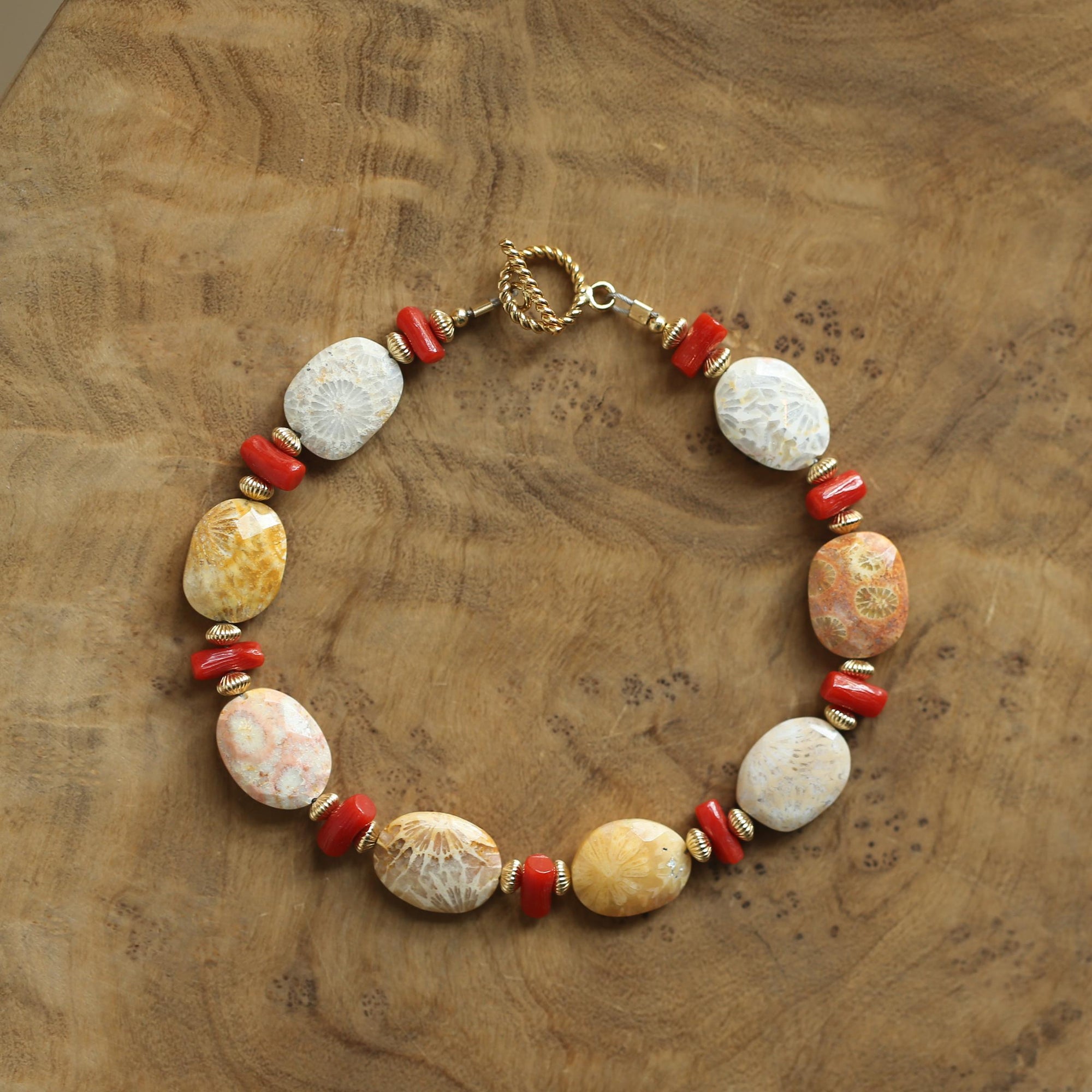 Fossilized Coral Bracelet - Mediterranean Red Coral Beads Bracelet - 14KGF - Gold Filled