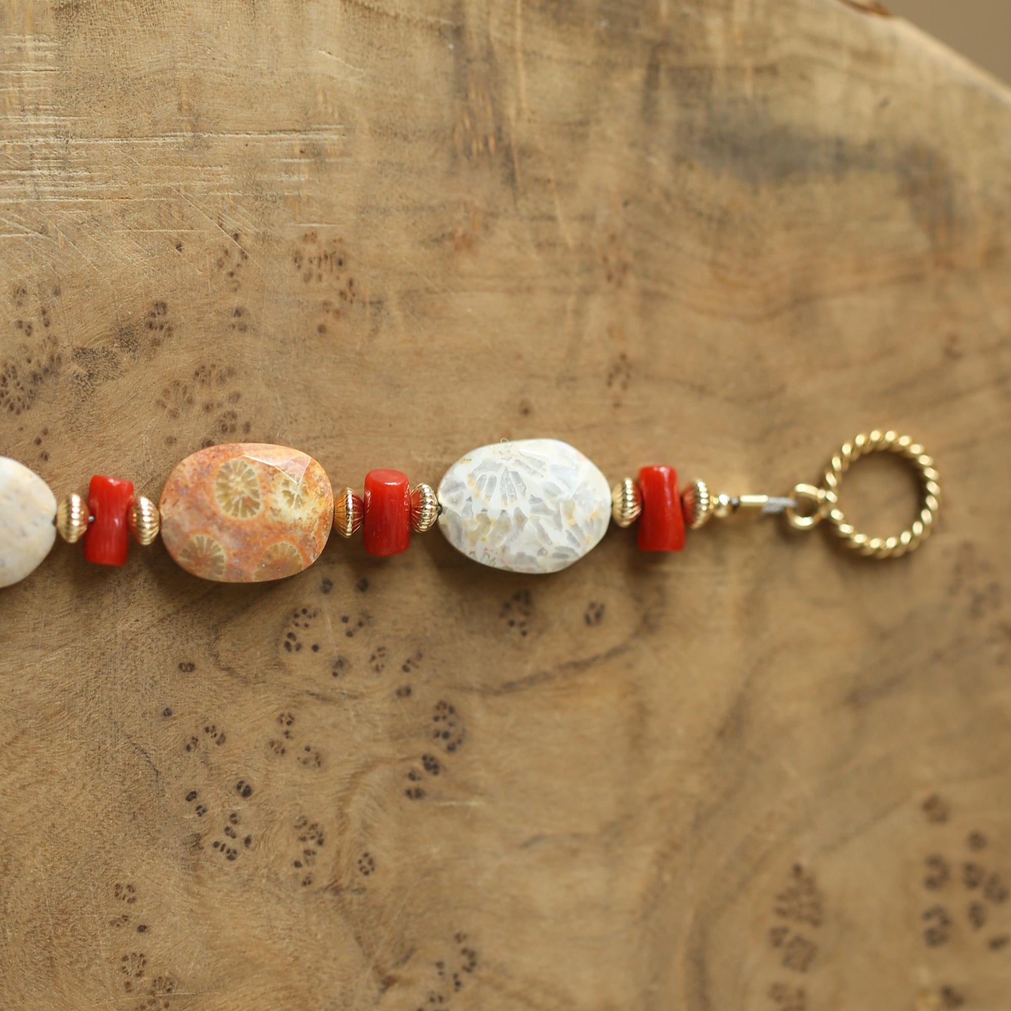 Fossilized Coral Bracelet - Mediterranean Red Coral Beads Bracelet - 14KGF - Gold Filled