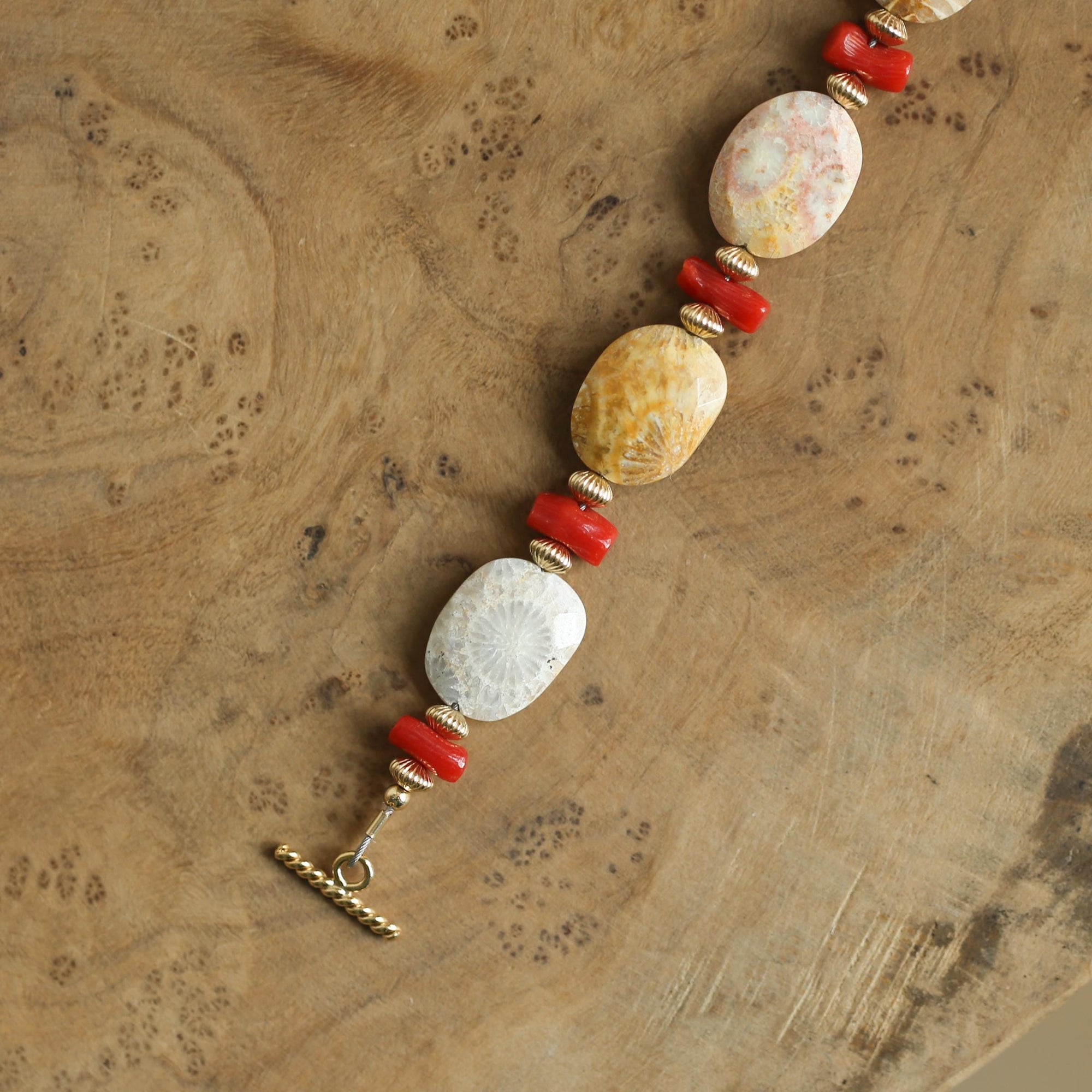 Fossilized Coral Bracelet - Mediterranean Red Coral Beads Bracelet - 14KGF - Gold Filled