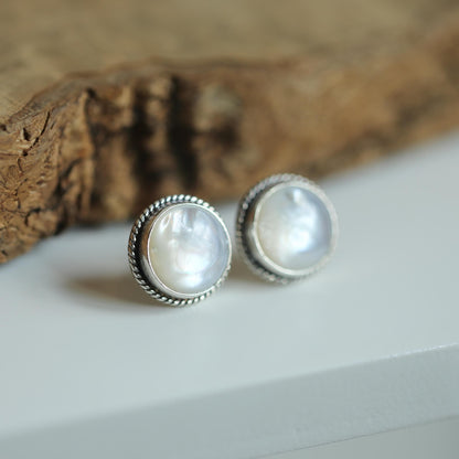 Mother Of Pearl Traditional Posts 12mm stone - White Nacre Earrings - Sterling Silver