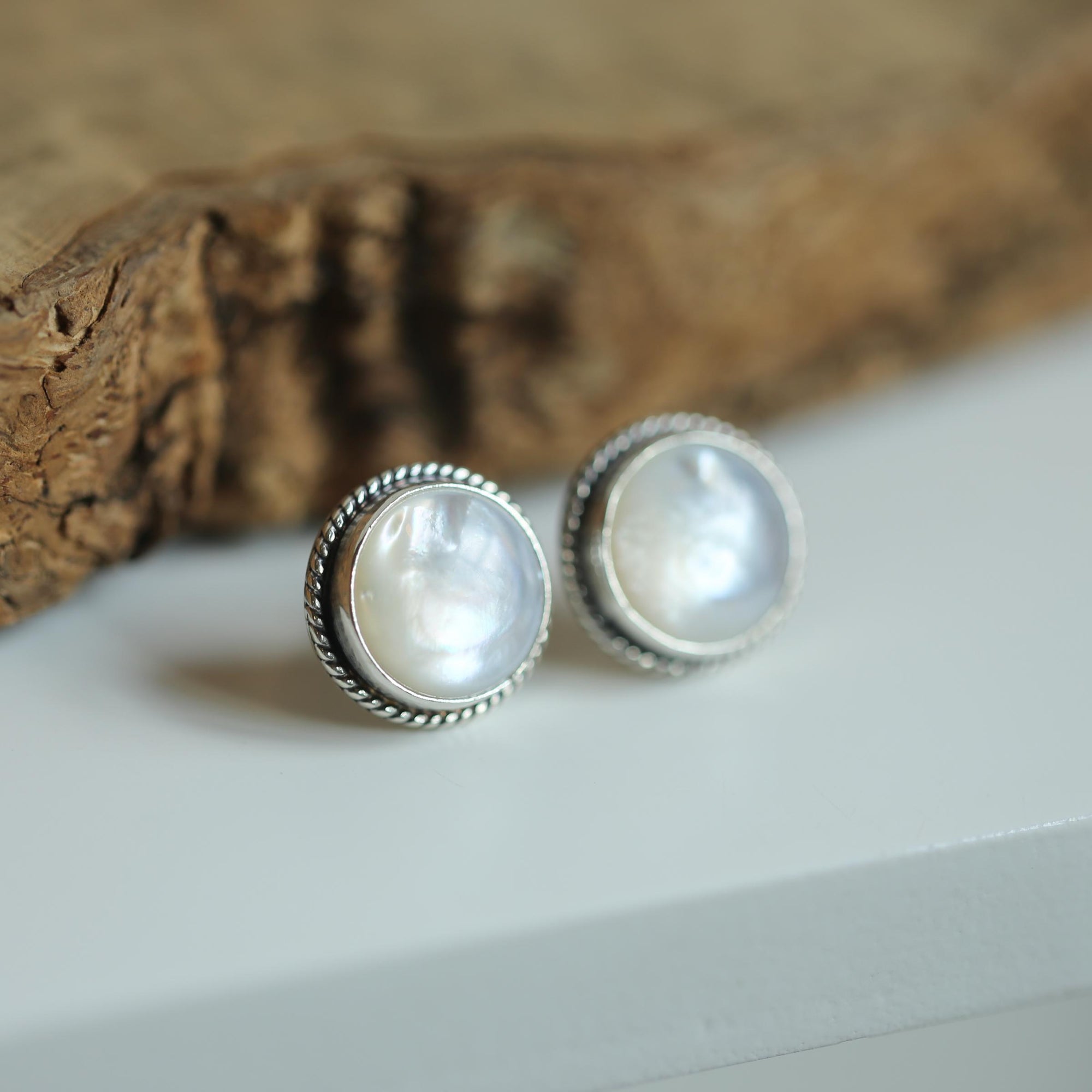 Mother Of Pearl Earrings - Traditional Posts - White Nacre Post Earrings - Sterling Silver
