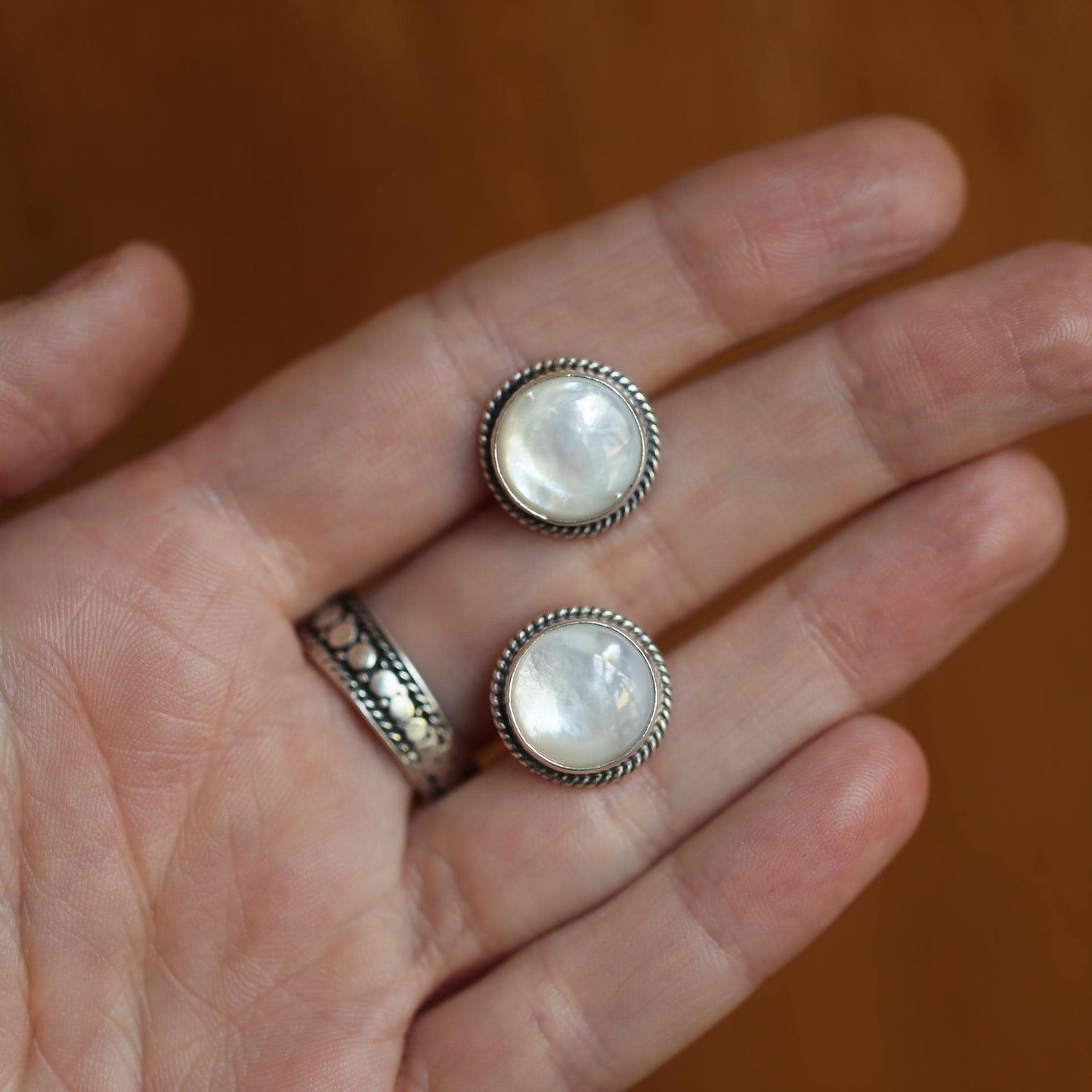 Mother Of Pearl Traditional Posts 12mm stone - White Nacre Earrings - Sterling Silver