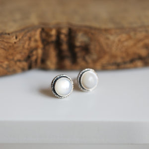 Mother of Pearl Hammered Posts - Mother Of Pearl Earrings - White Nacre Post Earrings - Silversmith