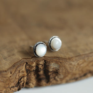Mother of Pearl Hammered Posts - Mother Of Pearl Earrings - White Nacre Post Earrings - Silversmith