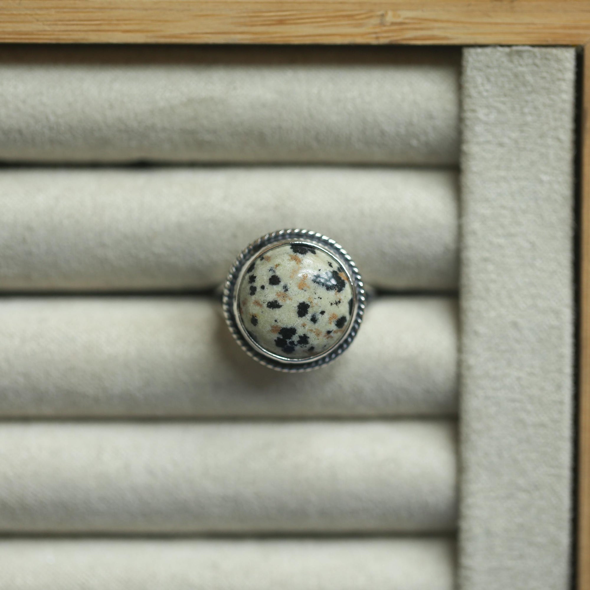 Round Dalmatian Jasper Ring - Western Spotted Jasper Ring - .925 Sterling Silver