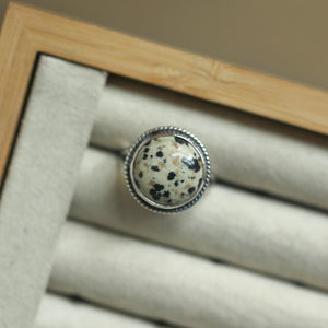 Round Dalmatian Jasper Ring - Western Spotted Jasper Ring - .925 Sterling Silver