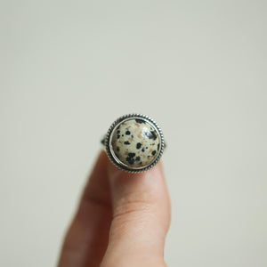 Round Dalmatian Jasper Ring - Western Spotted Jasper Ring - .925 Sterling Silver
