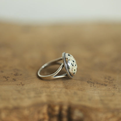 Round Dalmatian Jasper Ring - Western Spotted Jasper Ring - .925 Sterling Silver