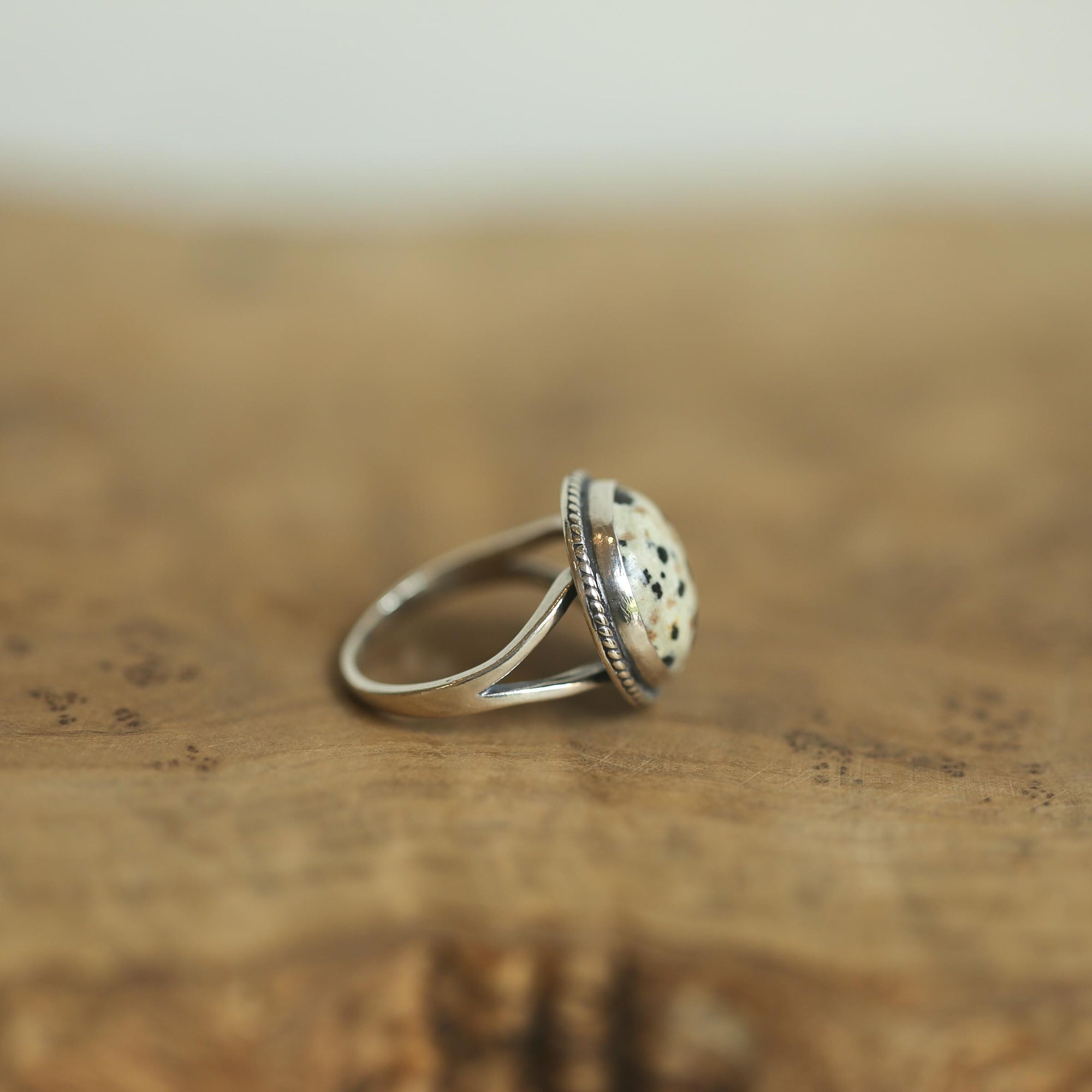 Round Dalmatian Jasper Ring - Western Spotted Jasper Ring - .925 Sterling Silver