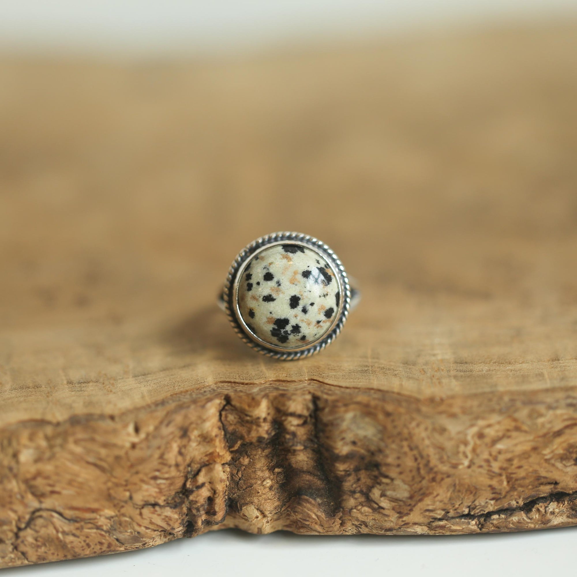 Round Dalmatian Jasper Ring - Western Spotted Jasper Ring - .925 Sterling Silver