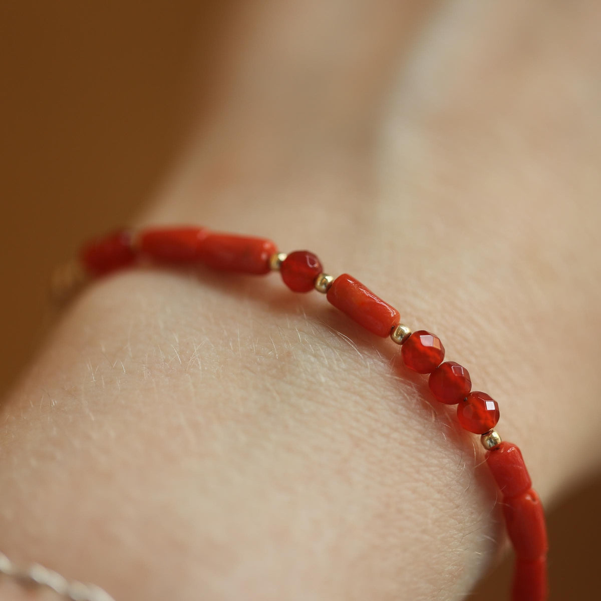 Mediterranean Red Coral Bracelet - Carnelian Beaded Bracelet - 14KGF