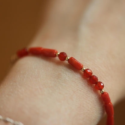 Mediterranean Red Coral Bracelet - Carnelian Beaded Bracelet - 14KGF