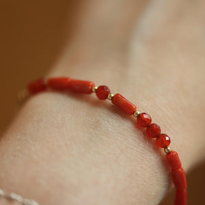 Mediterranean Red Coral Bracelet - Carnelian Beaded Bracelet - 14KGF