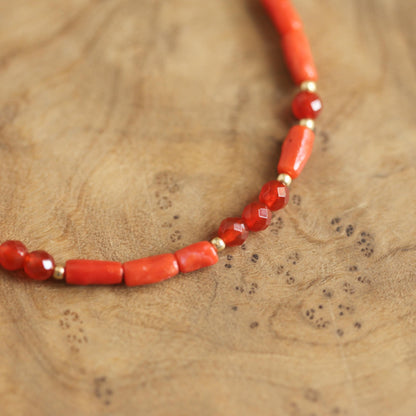 Mediterranean Red Coral Bracelet - Carnelian Beaded Bracelet - 14KGF