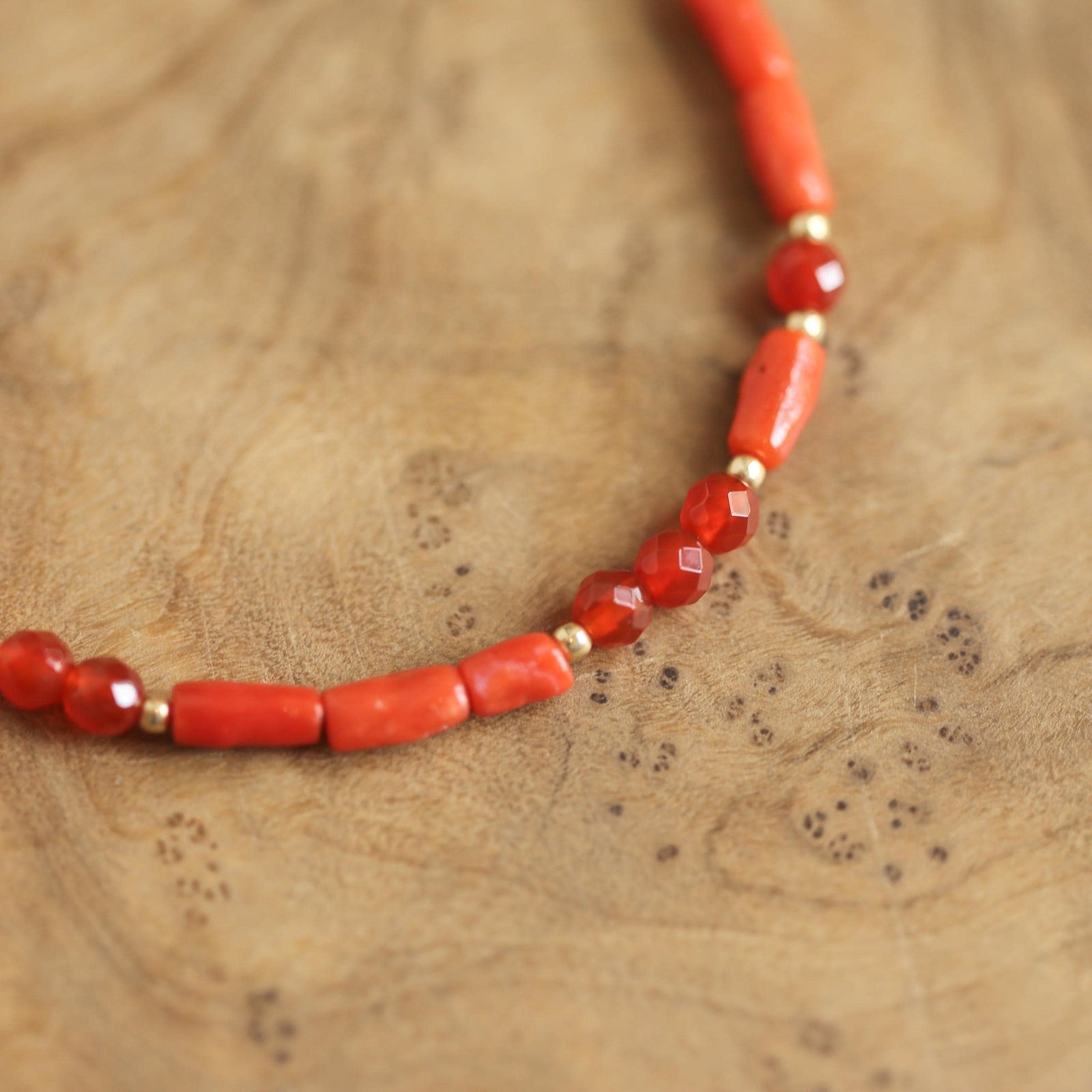 Mediterranean Red Coral Bracelet - Carnelian Beaded Bracelet - 14KGF