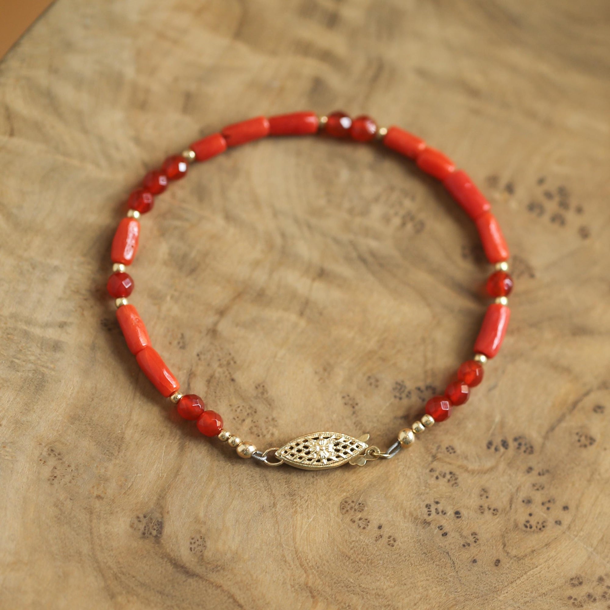 Mediterranean Red Coral Bracelet - Carnelian Beaded Bracelet - 14KGF