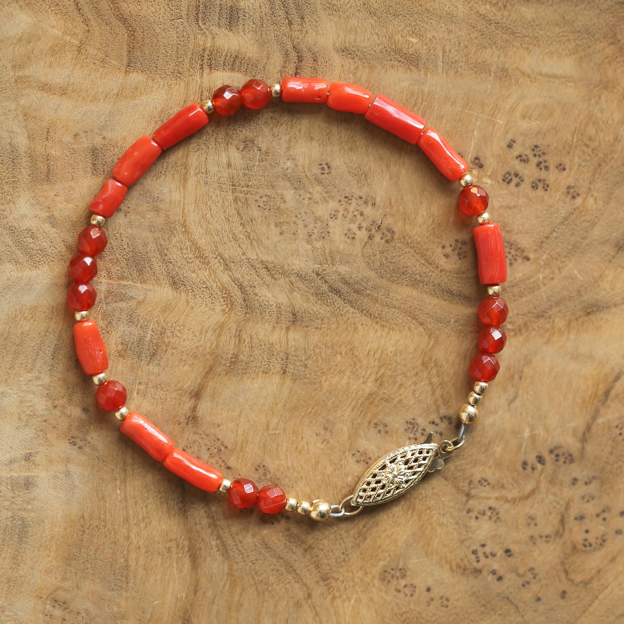 Mediterranean Red Coral Bracelet - Carnelian Beaded Bracelet - 14KGF