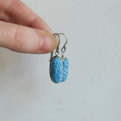 Carved Turquoise Earrings – Floral Sterling Silver Drops