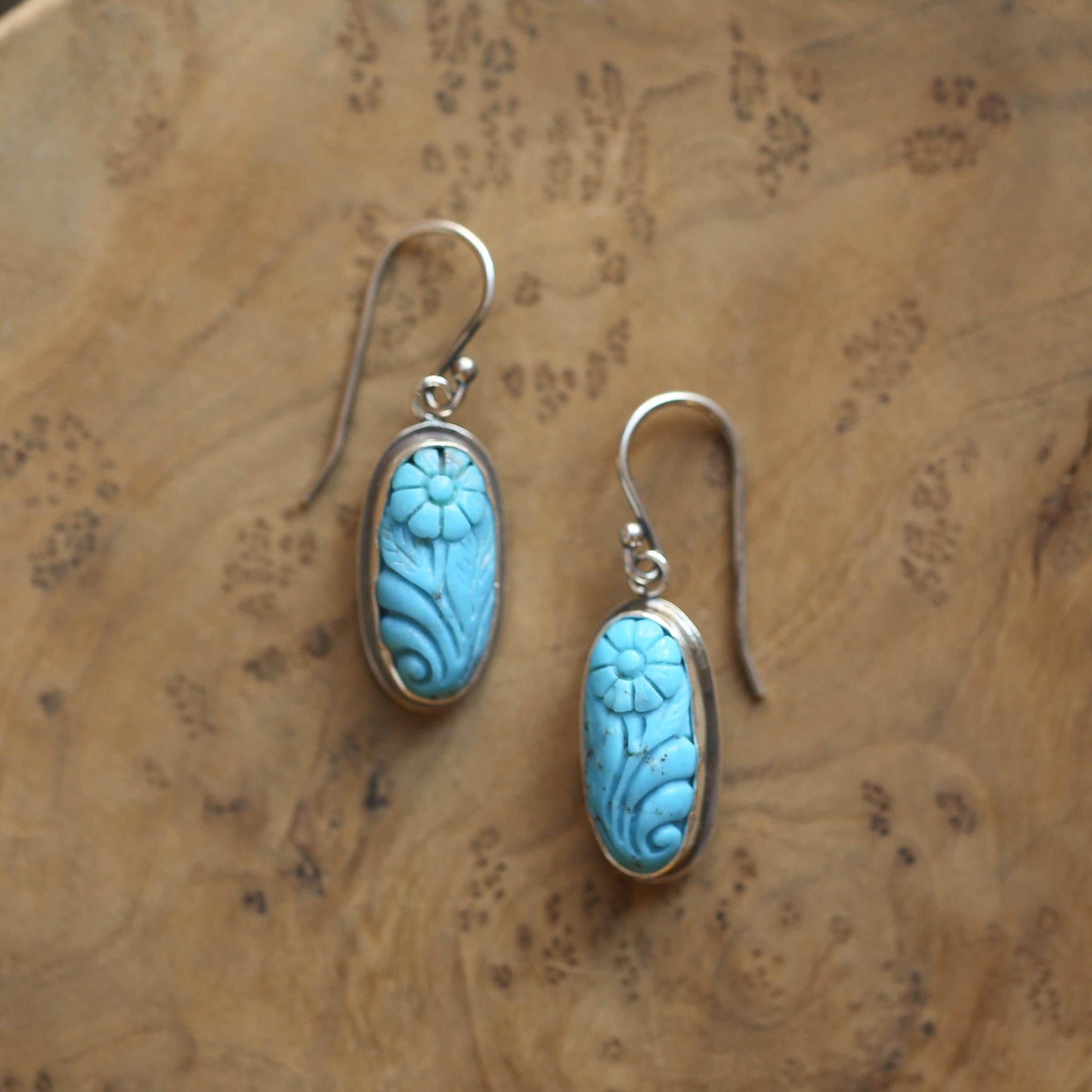Carved Turquoise Earrings – Floral Sterling Silver Drops