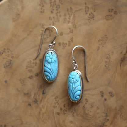 Carved Turquoise Earrings – Floral Sterling Silver Drops