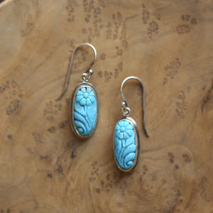 Carved Turquoise Earrings – Floral Sterling Silver Drops
