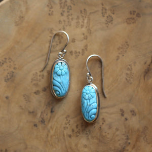 Carved Turquoise Earrings – Floral Sterling Silver Drops