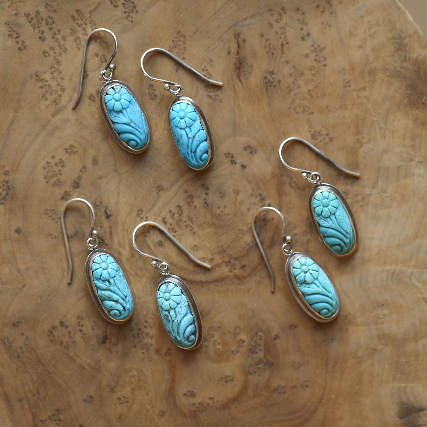 Carved Turquoise Earrings – Floral Sterling Silver Drops