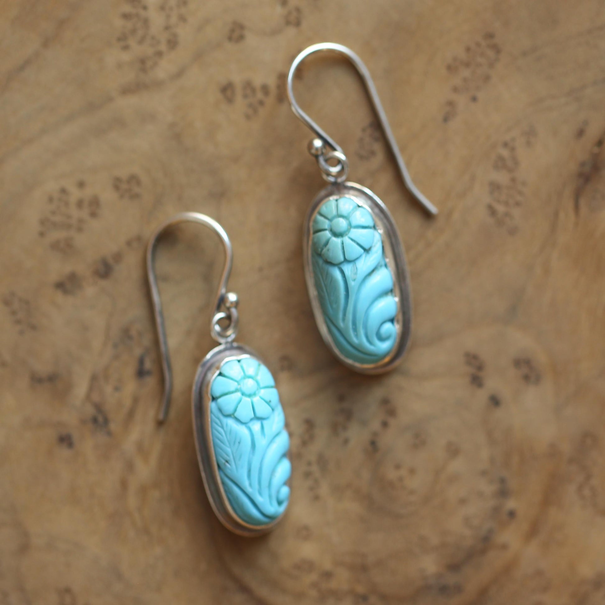 Carved Turquoise Earrings – Floral Sterling Silver Drops