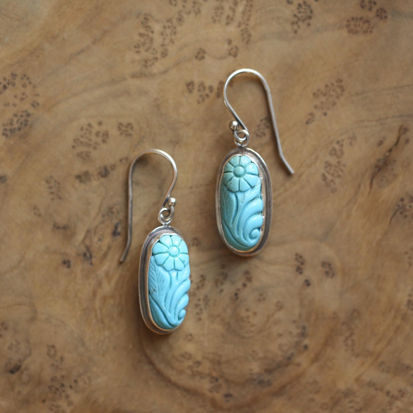 Carved Turquoise Earrings – Floral Sterling Silver Drops