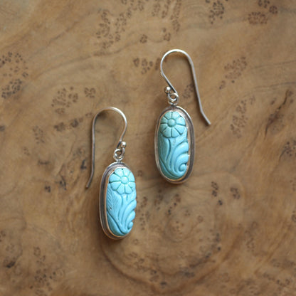 Carved Turquoise Earrings – Floral Sterling Silver Drops