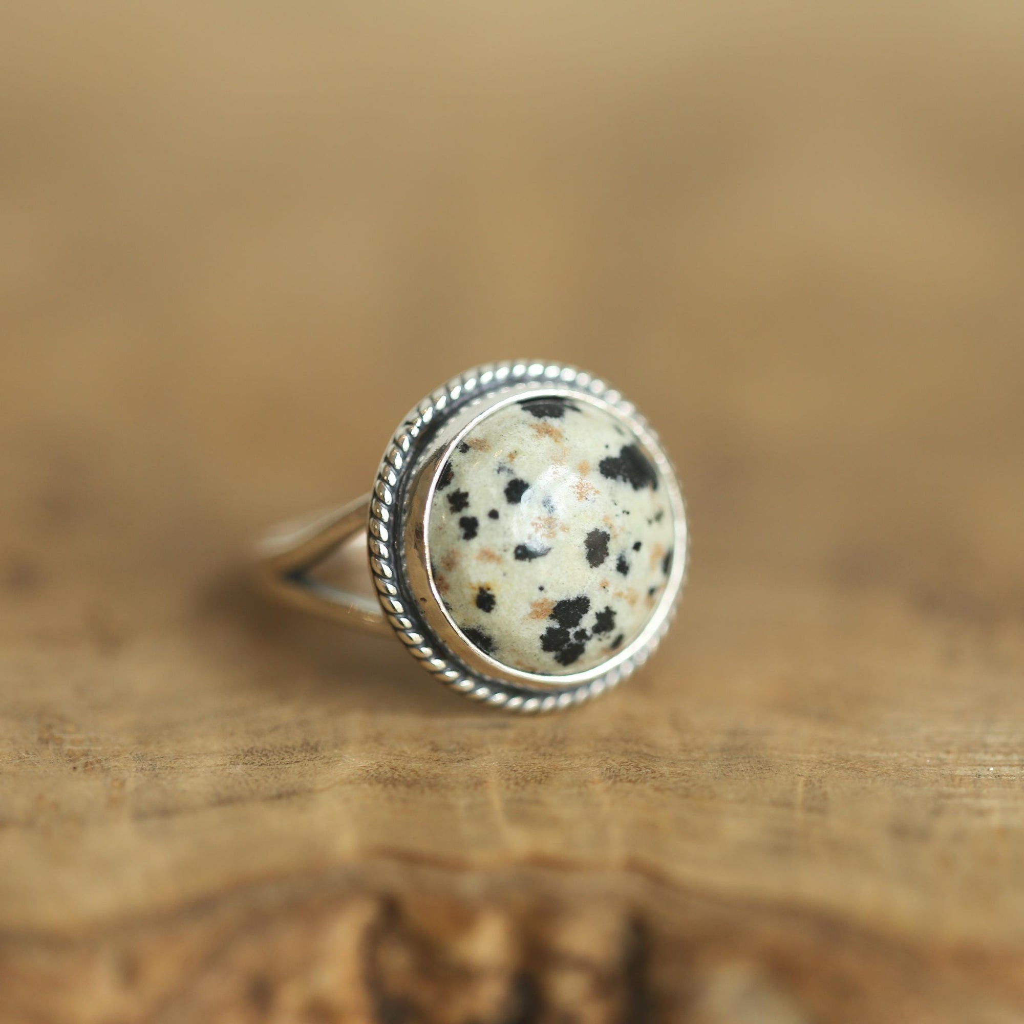 Round Dalmatian Jasper Ring - Western Spotted Jasper Ring - .925 Sterling Silver